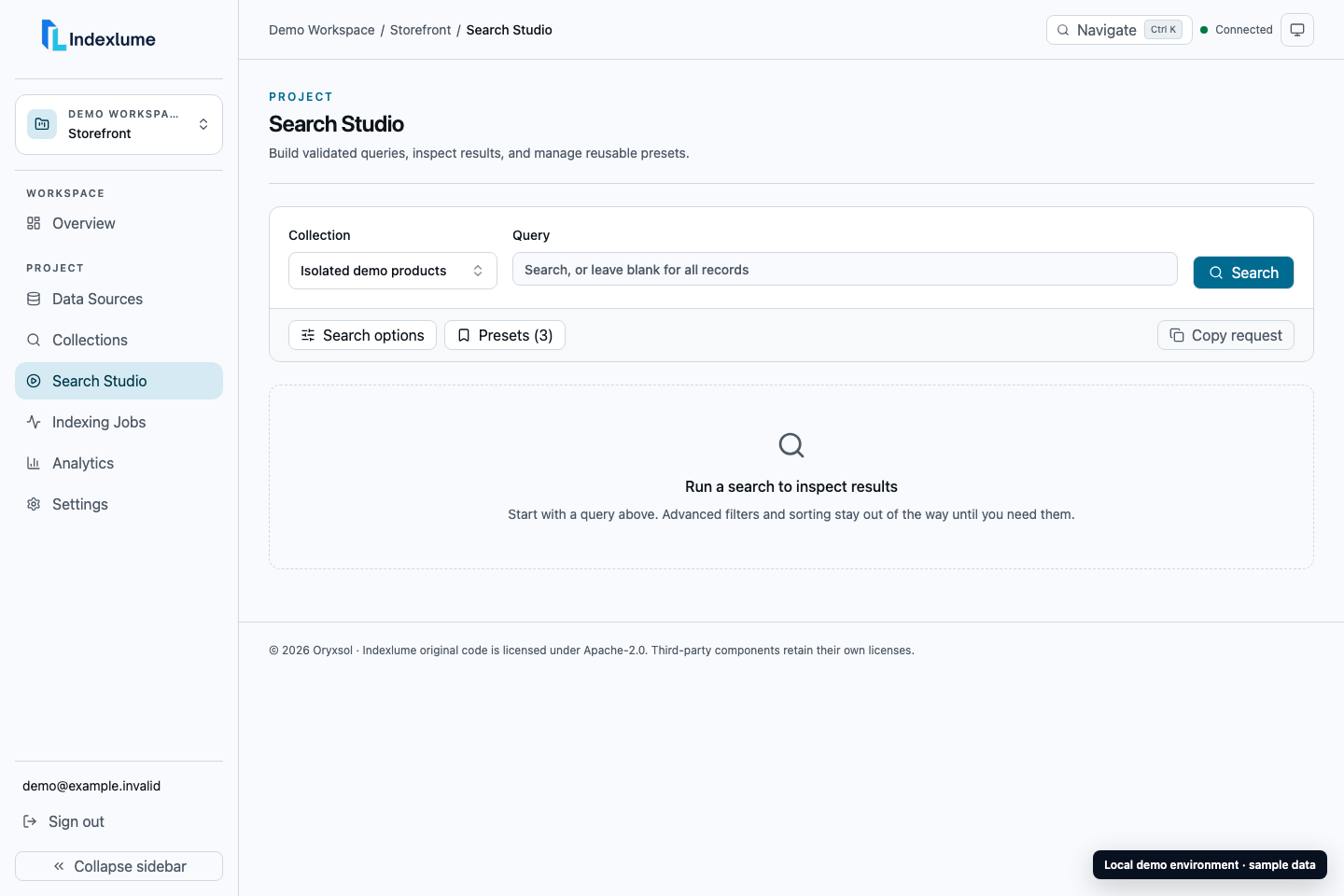 Indexlume Search Studio showing a query against sanitized sample data
